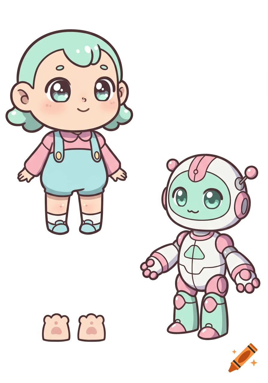 Cartoon character sheet with a round-headed kid in overalls and a stylized pastel robot.