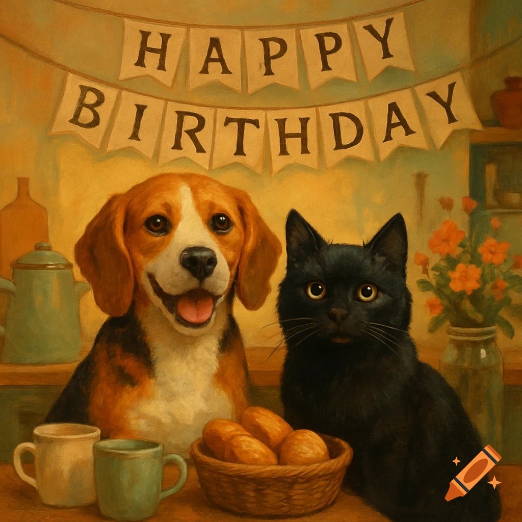 A painterly illustration of a beagle dog and black cat sitting at a table with a 'Happy Birthday' banner above them.