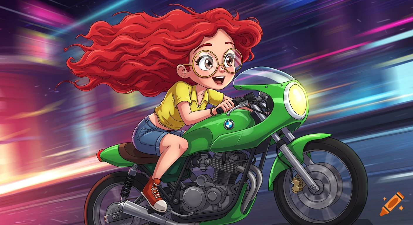 Cartoon girl with red hair and glasses riding a green cafe racer motorcycle at high speed.