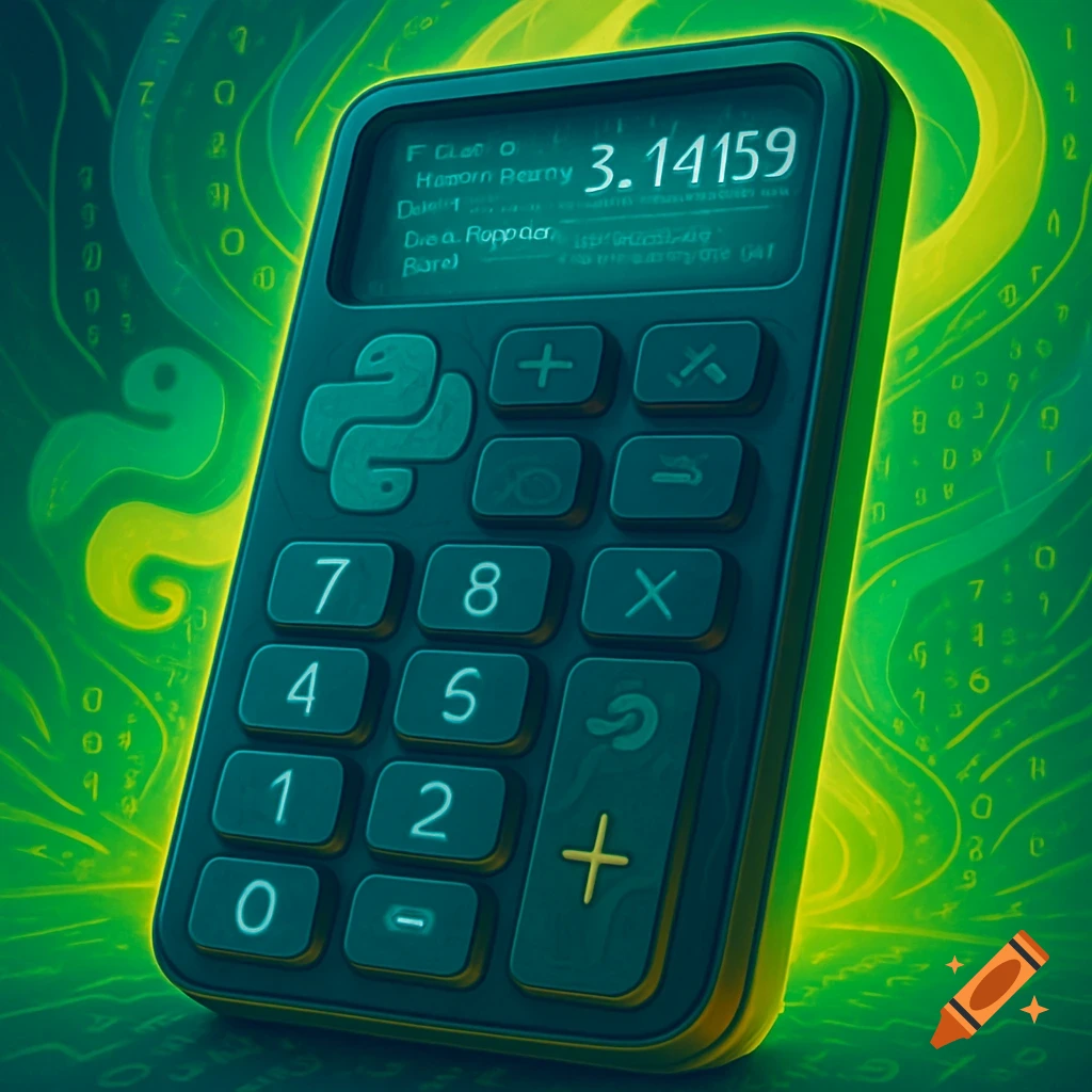 A dark green calculator with the Python logo and '3.14159' on its screen, against a bright green, glowing digital background.