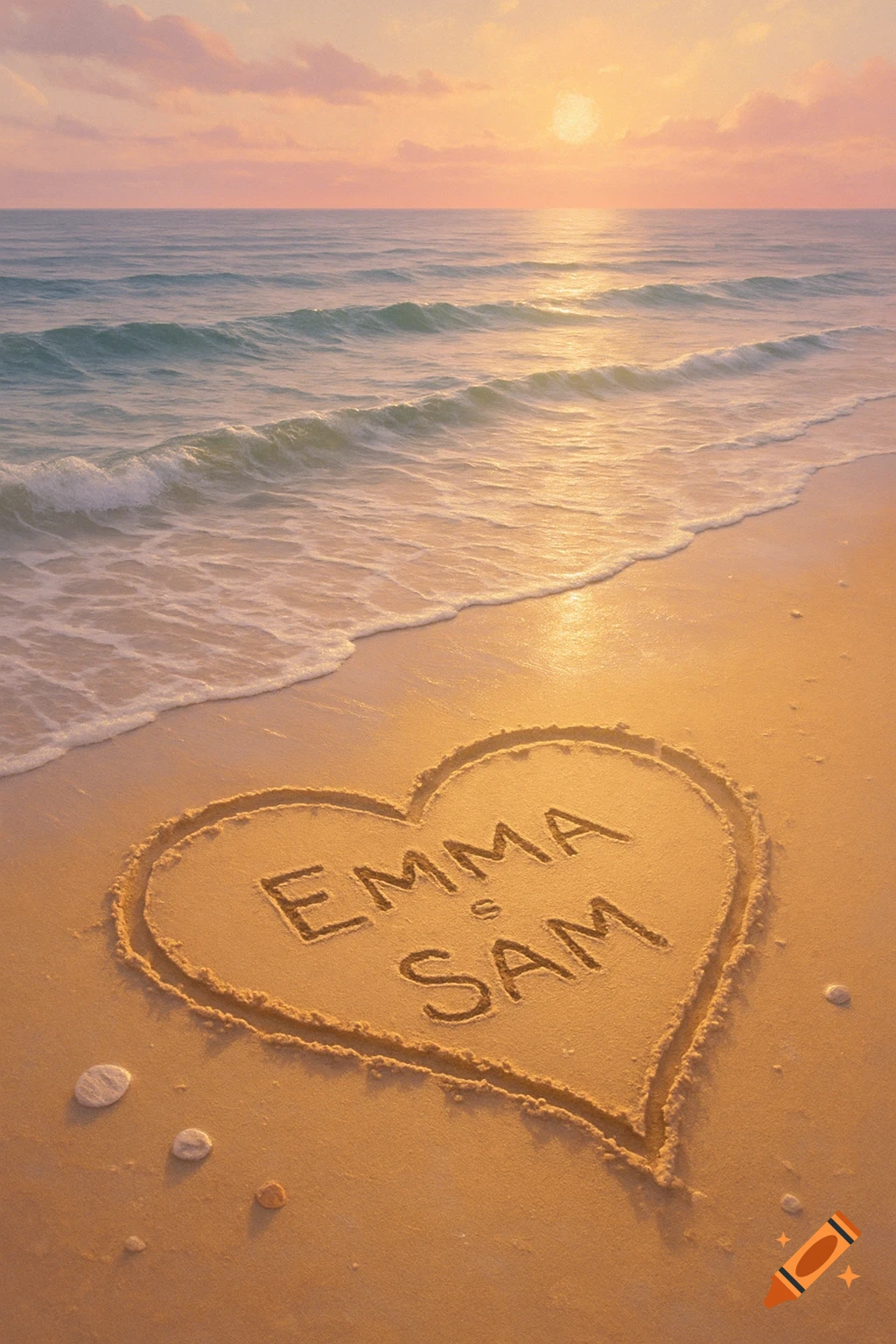 A heart drawn in the sand on a beach with "EMMA" and "SAM" written inside, as waves gently wash ashore during sunset.