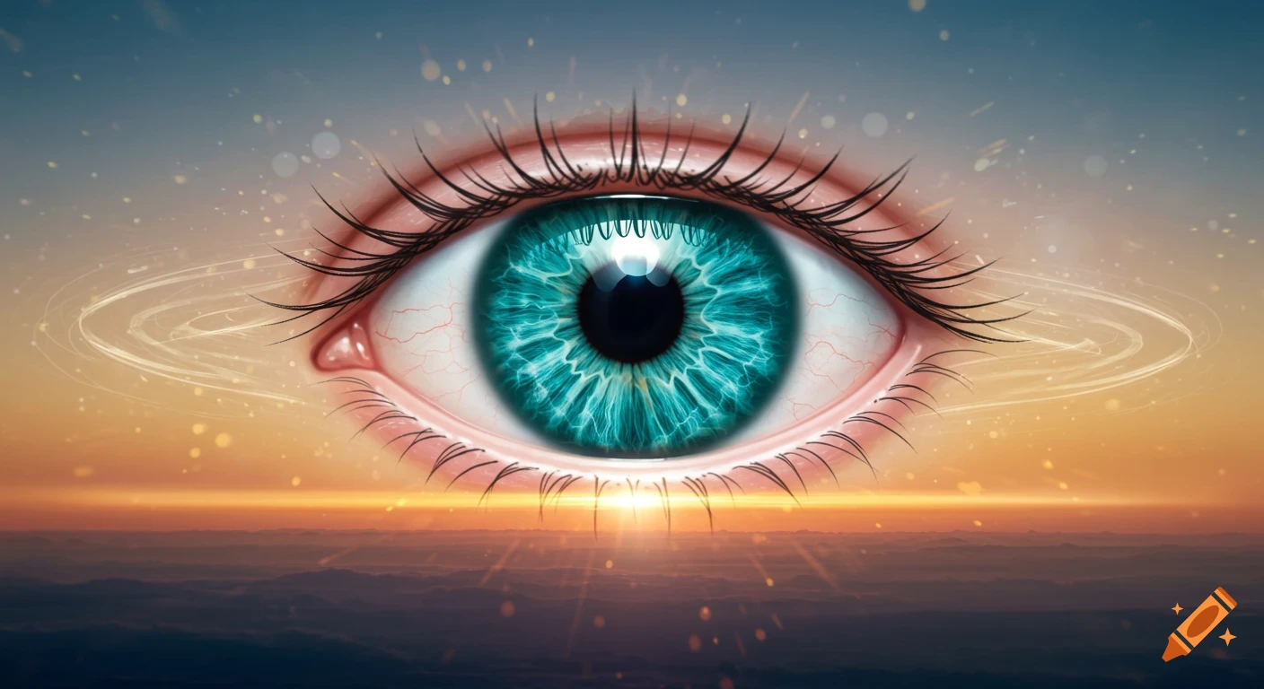 A giant, realistic teal-blue eye with long lashes and visible veins, hovering over a sunset landscape with light rays and faint glowing rings.