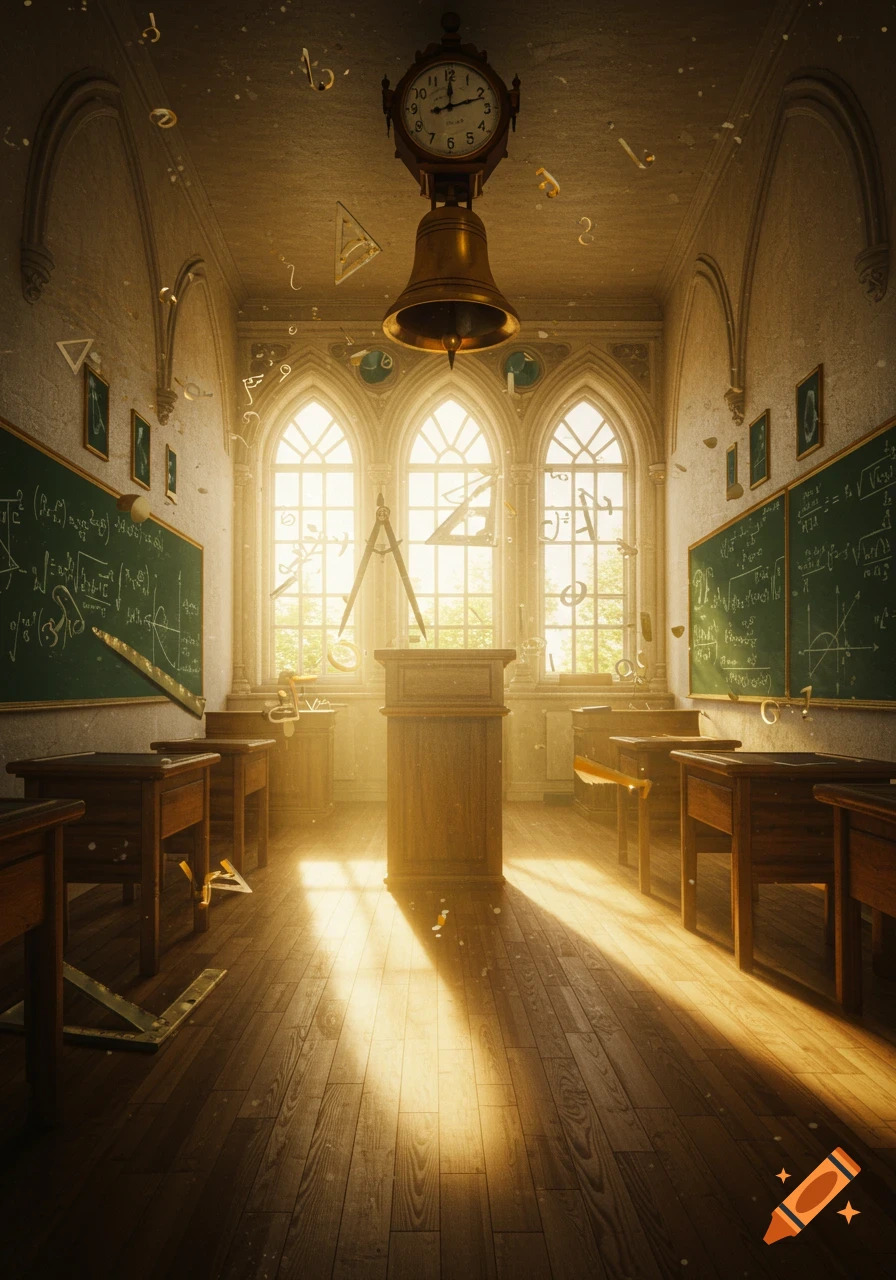 A surreal, sunlit classroom with a large clock and bell, gothic windows, and floating mathematical symbols, with equations on the blackboards.