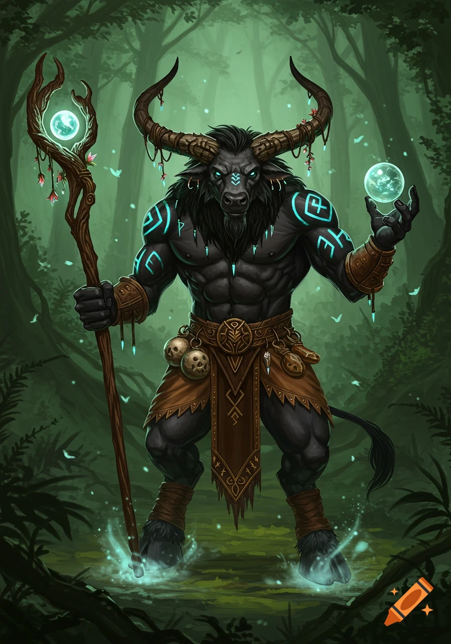 A black minotaur druid stands in a forest, holding a glowing staff and an orb.