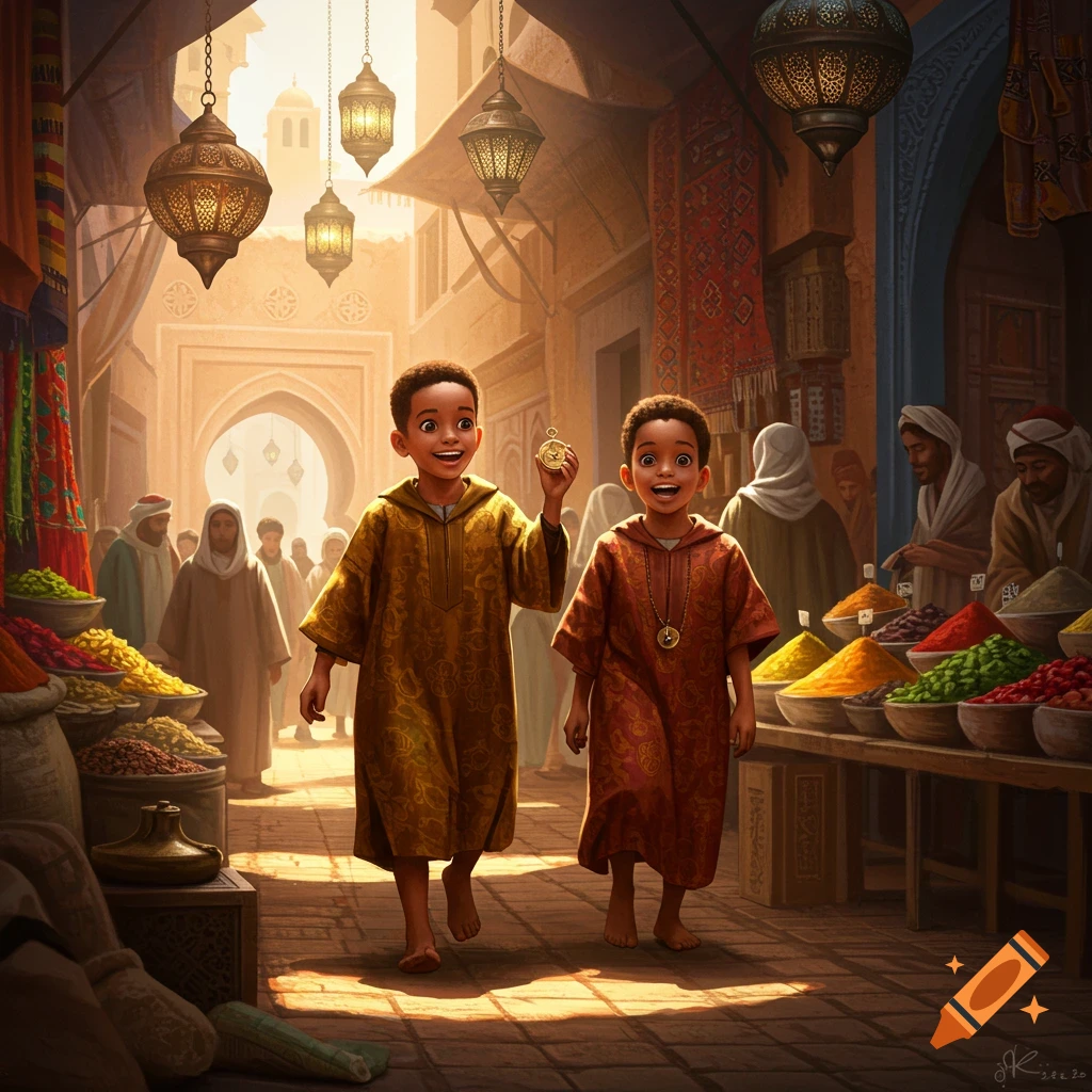 Two smiling boys walk barefoot through a vibrant, spice-filled marketplace with hanging lanterns. One boy holds a small, gold trinket.