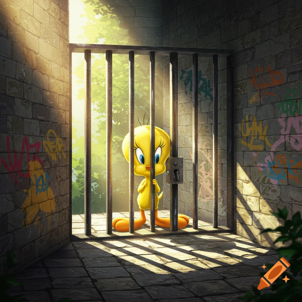 Tweety Bird behind stone jail bars, looking at bright sunlight and trees outside, with graffiti on the cell walls.
