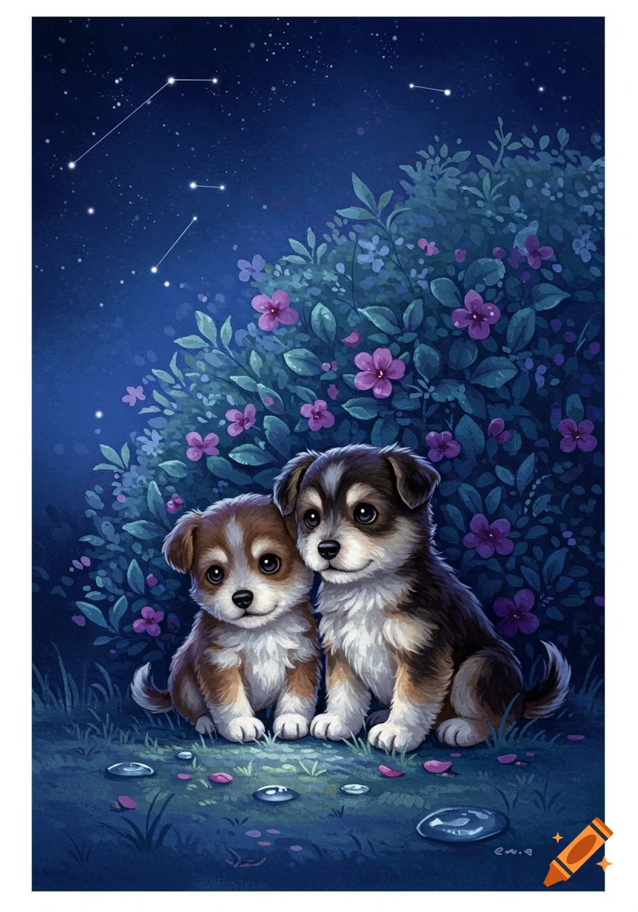 Two cute puppies sit by a bush with purple flowers under a starry night sky, with water droplets on the grass, in a digital illustration style.
