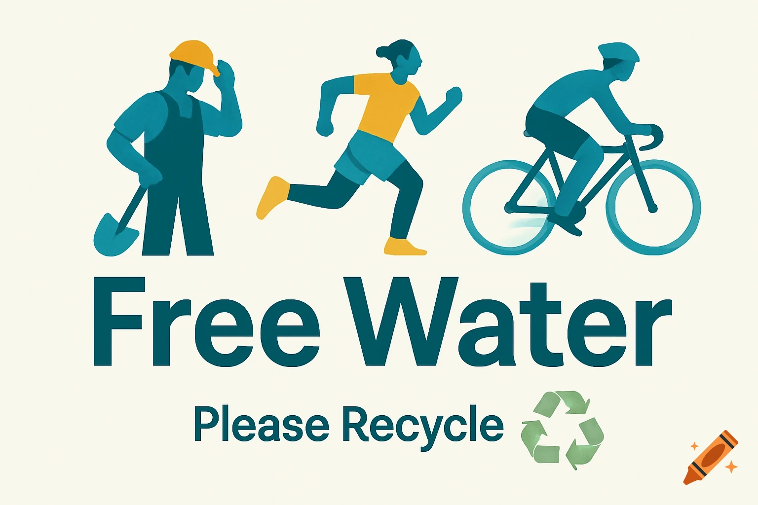 Illustration of a worker, runner, and cyclist above 'Free Water Please Recycle' with a recycling symbol.