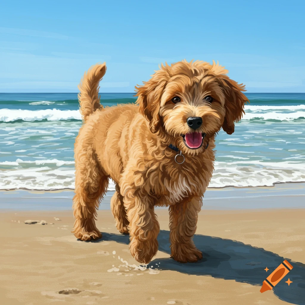 A happy golden-brown labradoodle puppy walks on a sunny beach with ocean waves under a blue sky.