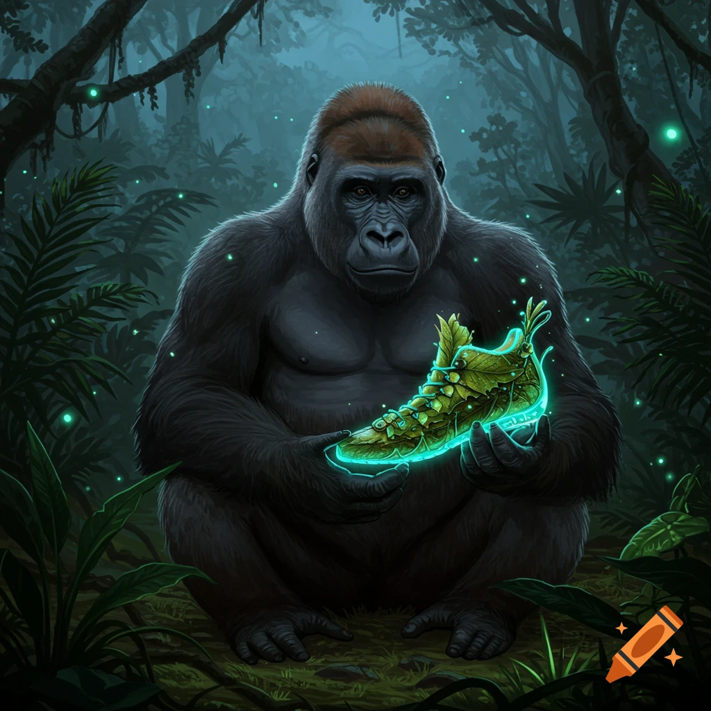 A large gorilla sits in a dark, lush jungle, holding a glowing, leaf-covered shoe in its hands, digital art.
