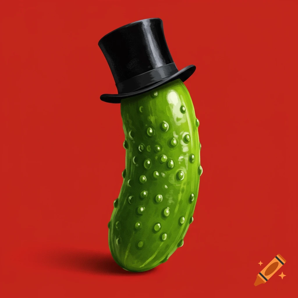 A green pickle wearing a black top hat, set against a solid red background in an illustration style.