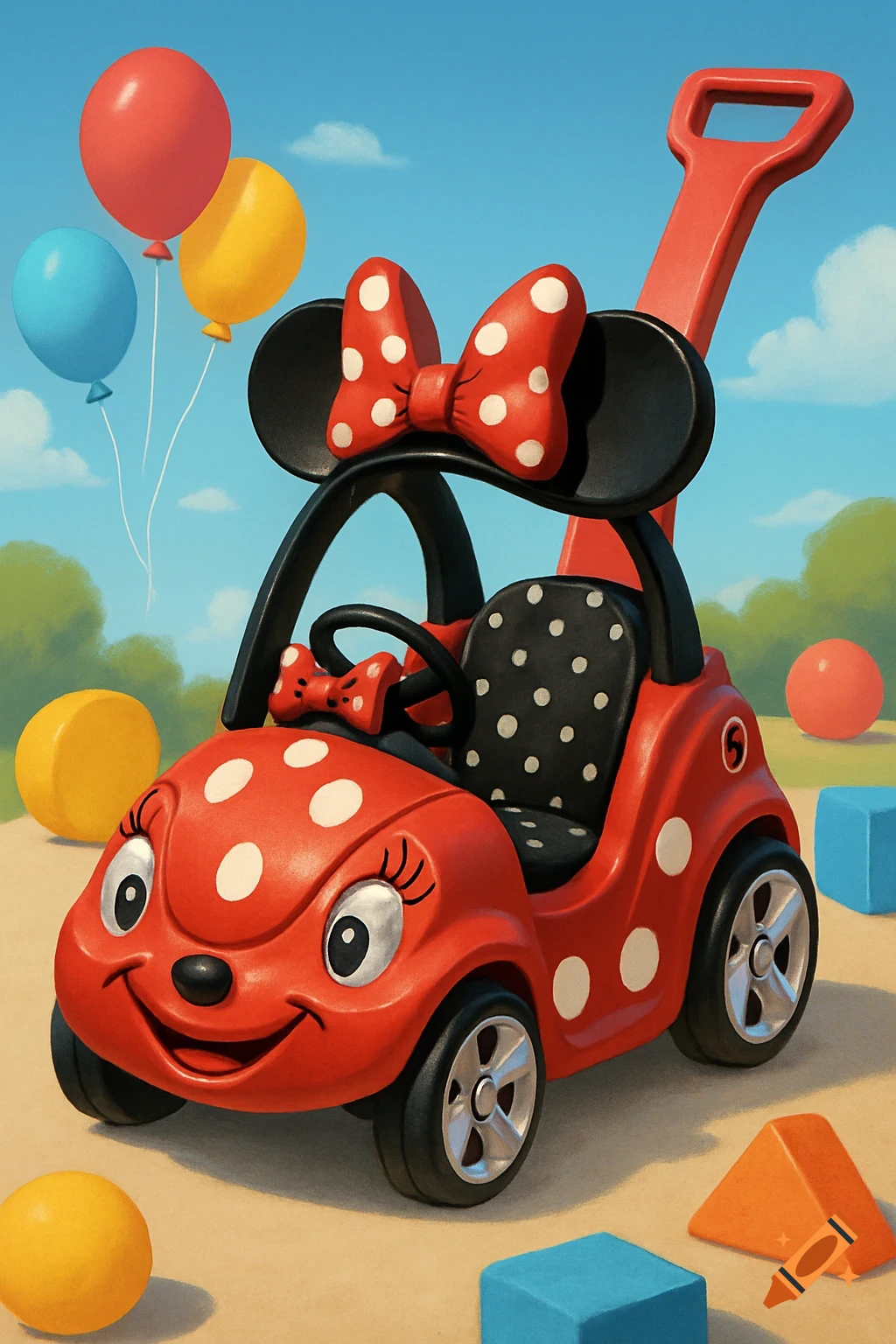 A red Minnie Mouse-themed toy push car with black ears and a polka-dot bow, surrounded by balloons and colorful blocks on a sunny day.