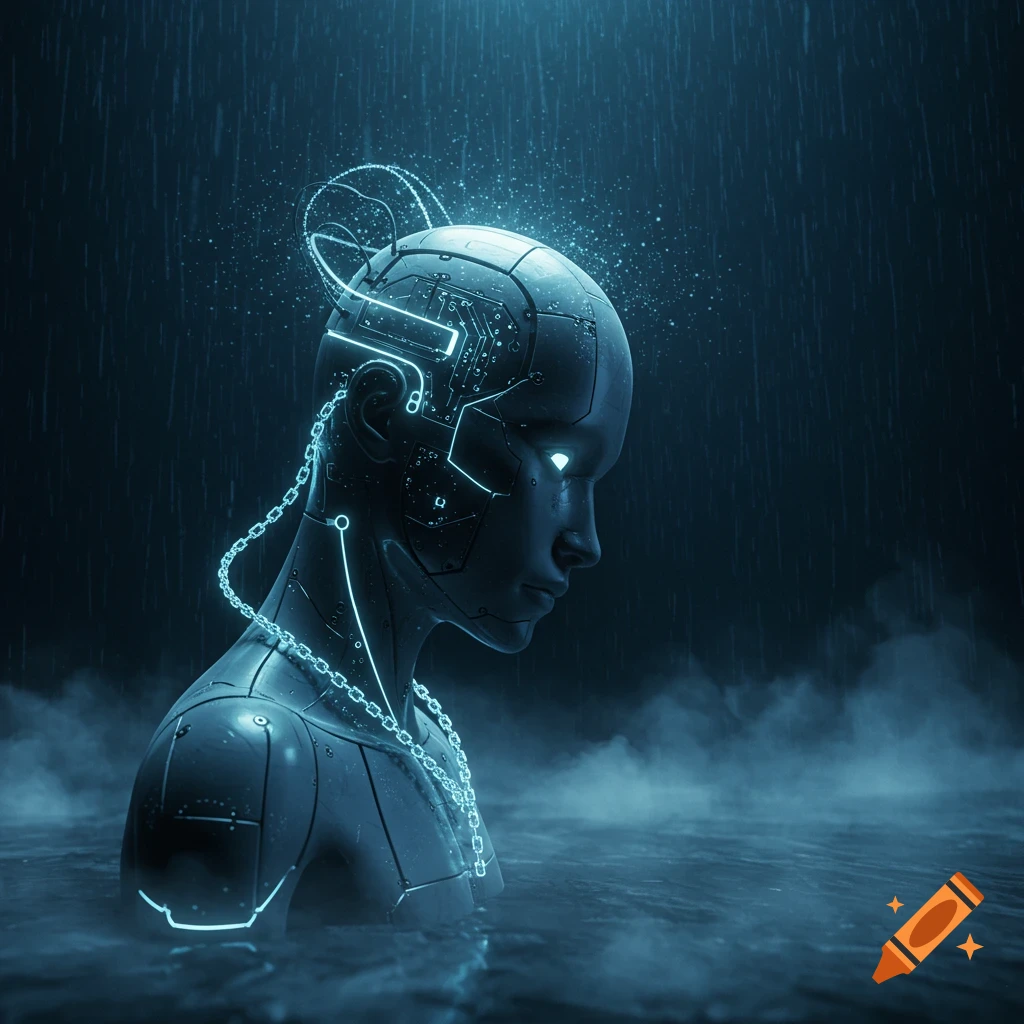 Futuristic robot bust with glowing circuits emerging from dark water in the rain, digital art.