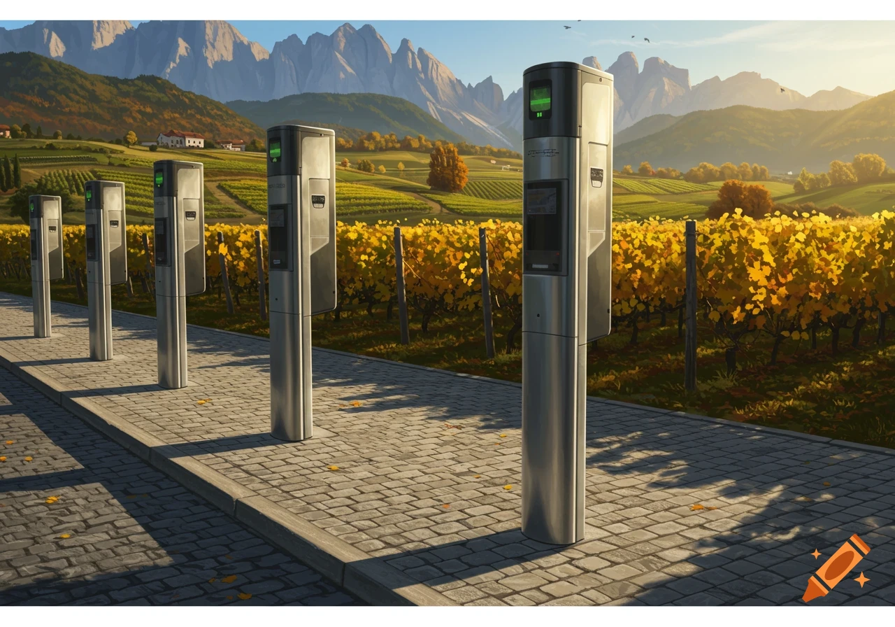 A row of modern kiosks on a cobblestone path next to a golden vineyard, with mountains under a clear sky at sunset.