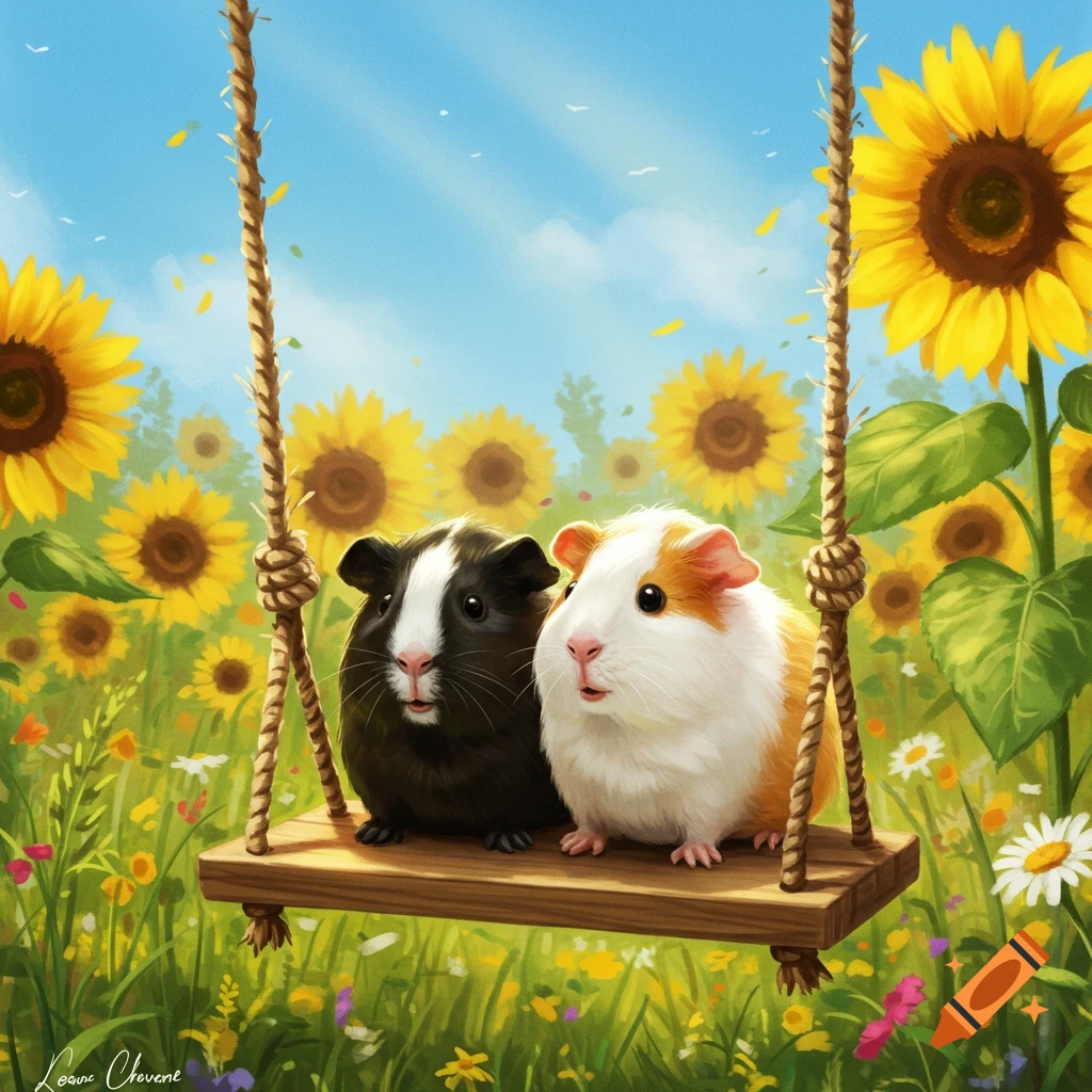 Two cute guinea pigs, one black and white, one orange and white, sit on a wooden swing in a sunny field of yellow sunflowers and wildflowers.