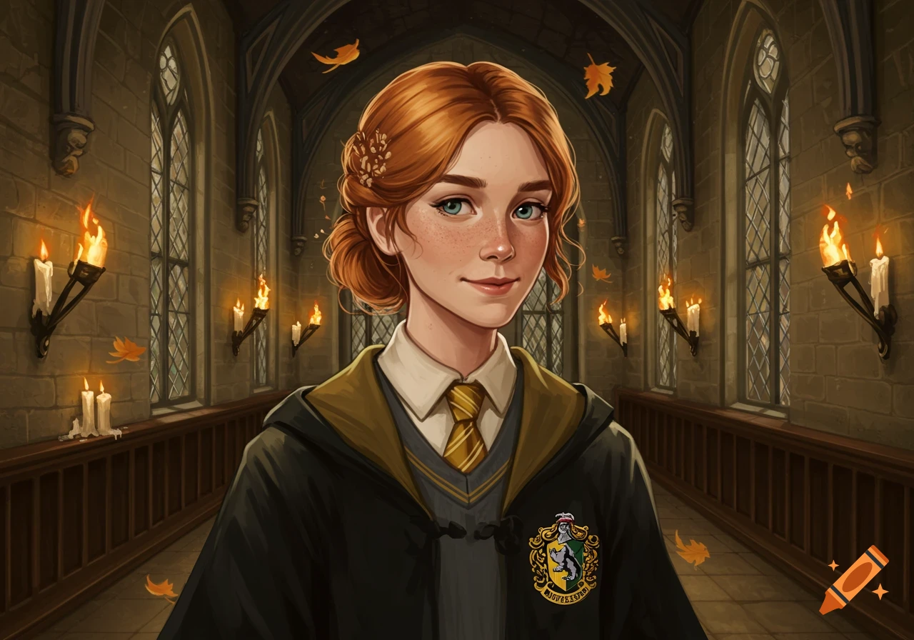 An illustrated red-haired girl with freckles wearing Hufflepuff robes stands in a torch-lit castle hallway.