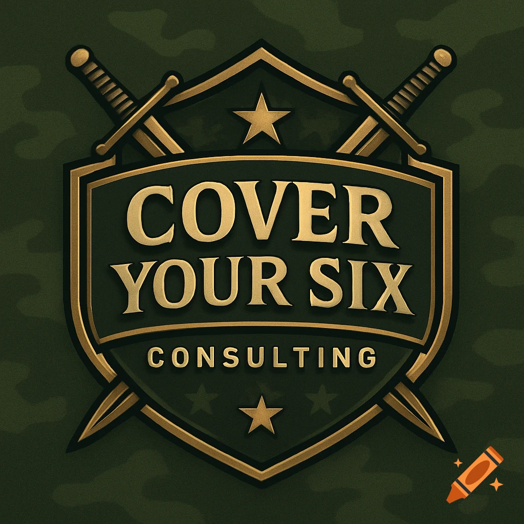 A military-themed logo featuring a shield with crossed swords and stars, displaying the text "COVER YOUR SIX CONSULTING" on a camouflage background.