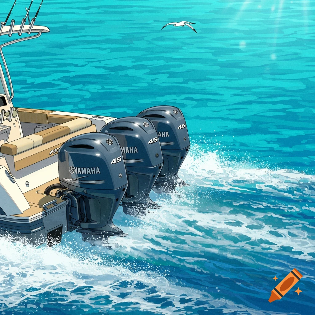 A stylized illustration of the back of a boat with three dark gray outboard Yamaha motors with "45" on them, speeding through turquoise water, creating white wakes. A single seagull flies in the sky above.