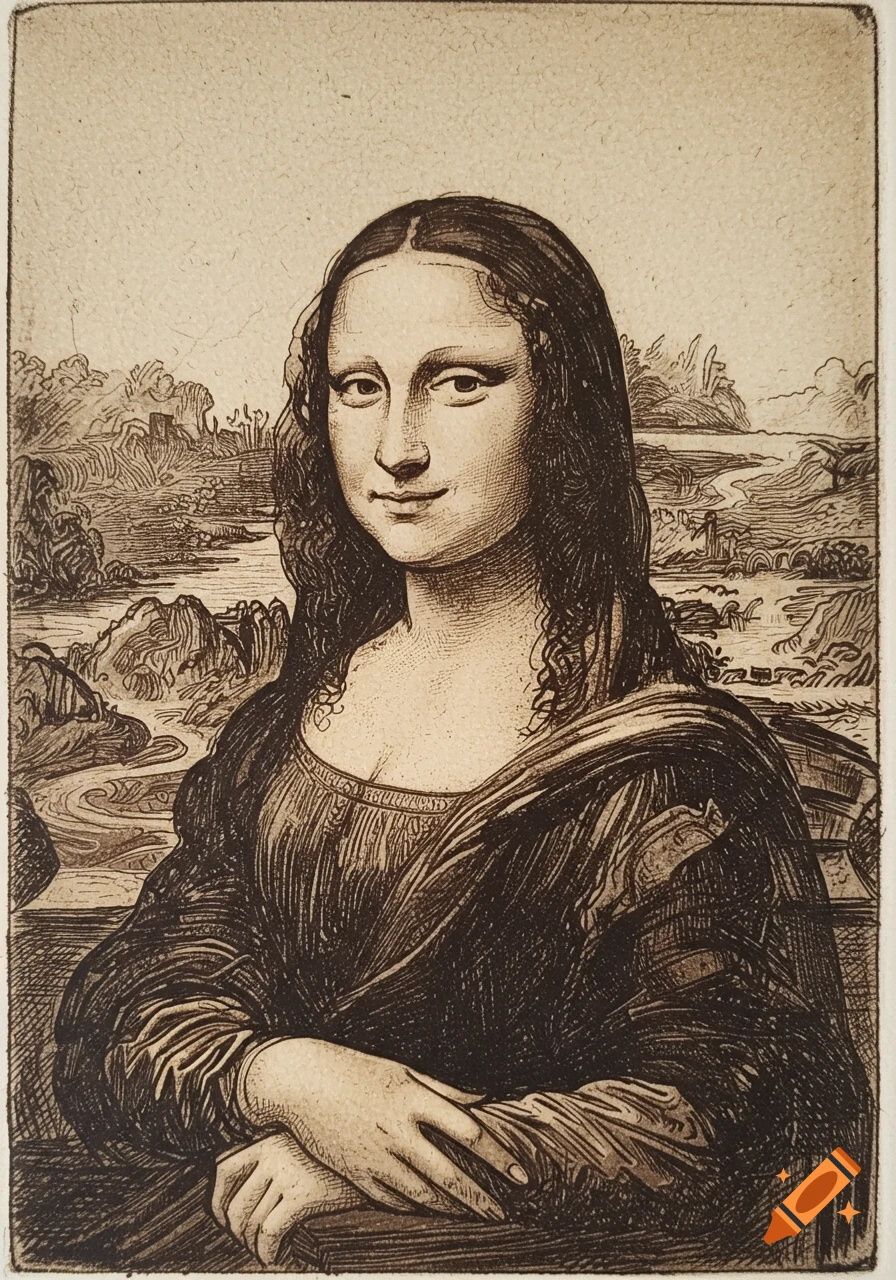An etching of the Mona Lisa portrait in sepia tones, showing her classic pose and enigmatic smile against a detailed landscape.