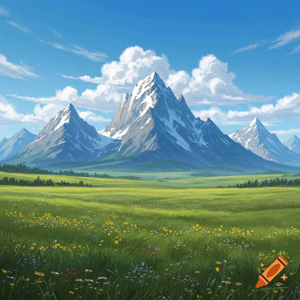 Vibrant illustration of snow-capped mountains overlooking a vast green meadow with wildflowers under a blue sky.