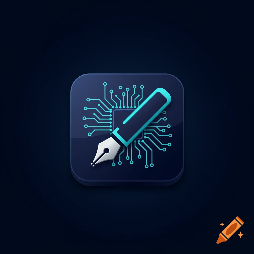 A digital application icon featuring a stylized teal and silver ink pen over a circuit board pattern on a dark blue background.
