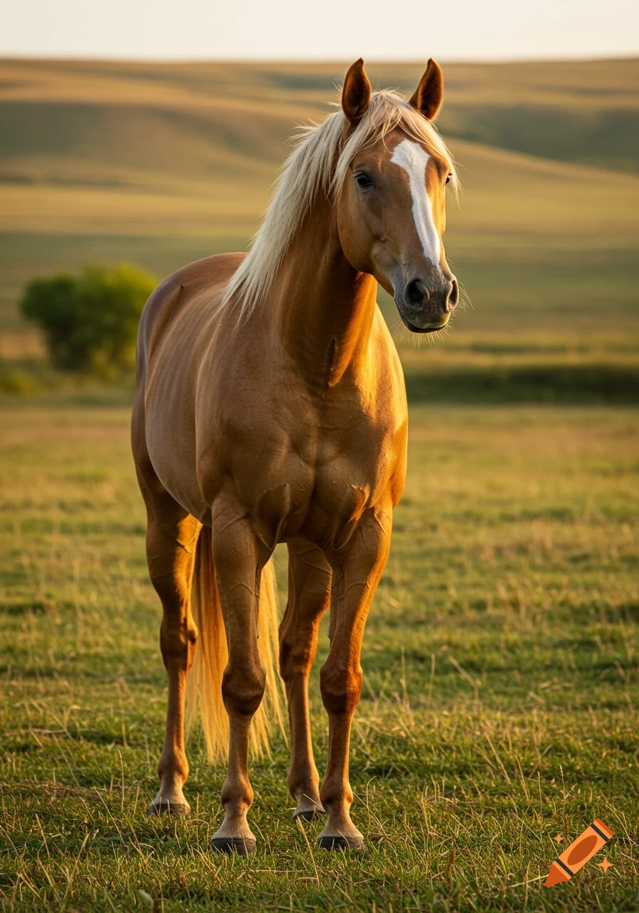 Muscular isabelle horse with a blonde mane and white blaze stands in a sunlit grassy field, photorealistic style.