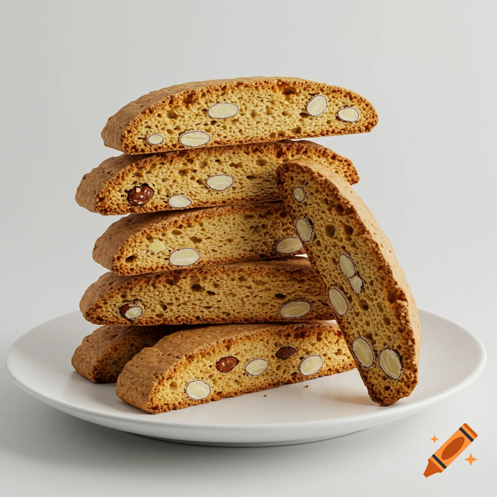 A stack of golden-brown almond biscotti on a white plate against a white background.