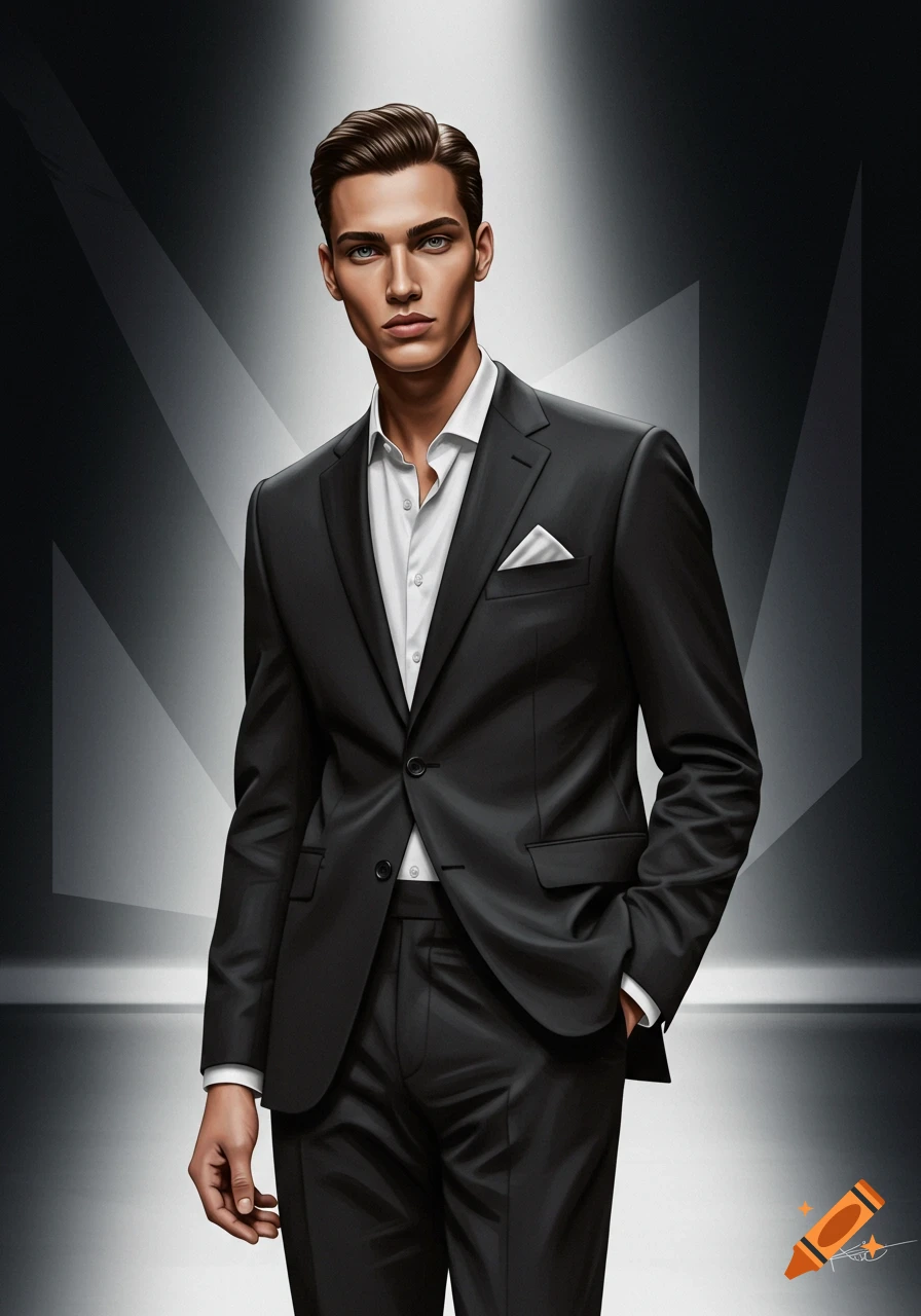 A handsome man in a black suit and white shirt with a pocket square poses against a dark, abstract background.