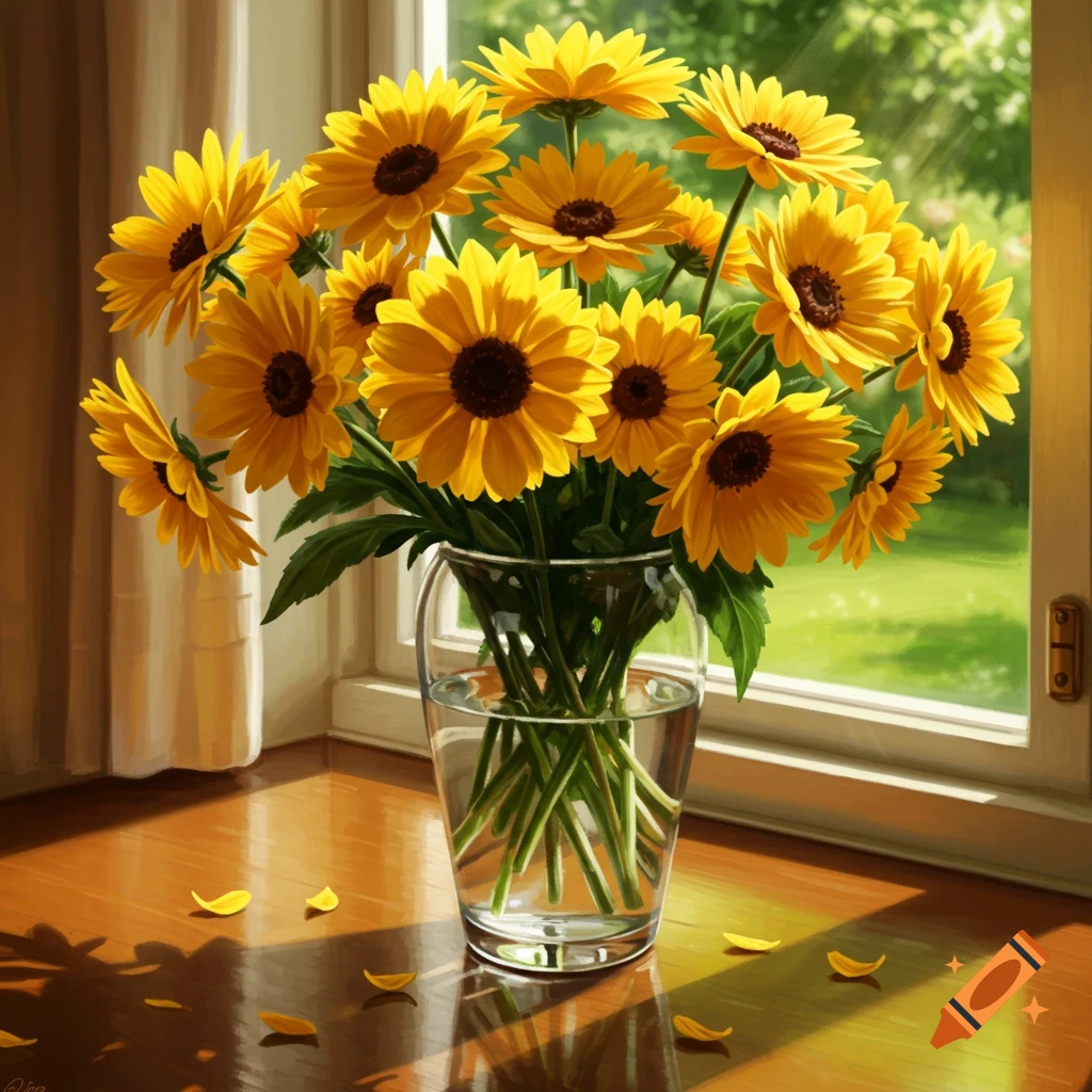 A vibrant bouquet of yellow flowers in a clear glass vase sits on a sunlit wooden table next to a window.