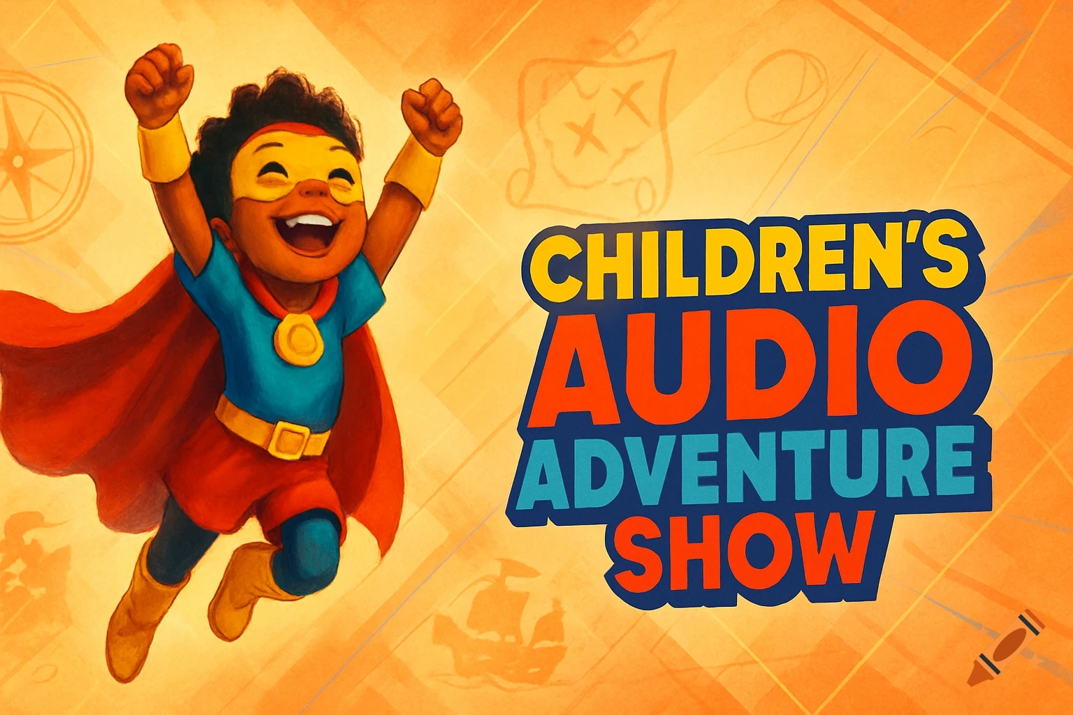 A cheerful cartoon child in a superhero costume jumping, with the text 'Children's Audio Adventure Show'.