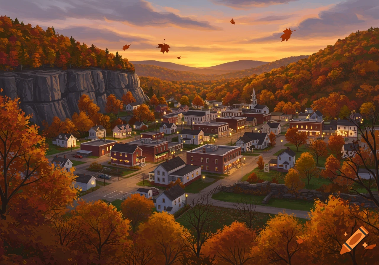 An illustrated aerial view of a small town nestled in a valley, surrounded by vibrant autumn trees under a sunset sky.