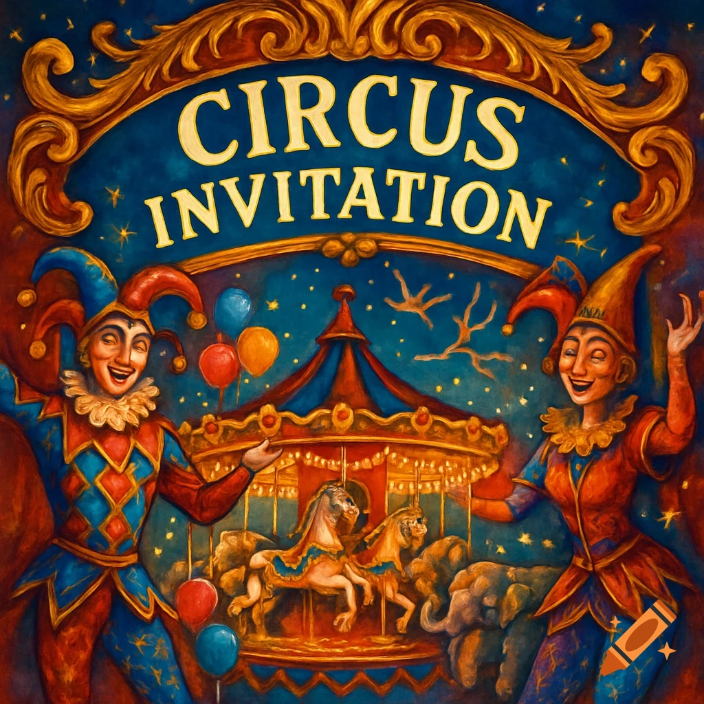 An artistic circus invitation with two jesters, a carousel, balloons, and the text 'CIRCUS INVITATION' on a decorative banner.
