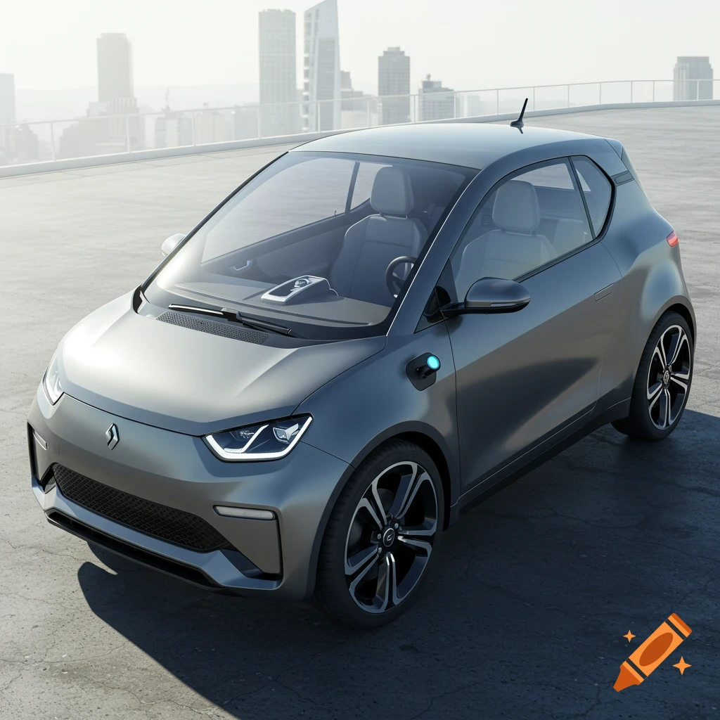 A sleek grey electric concept car with a glowing blue charging port, parked on a rooftop with a city skyline.