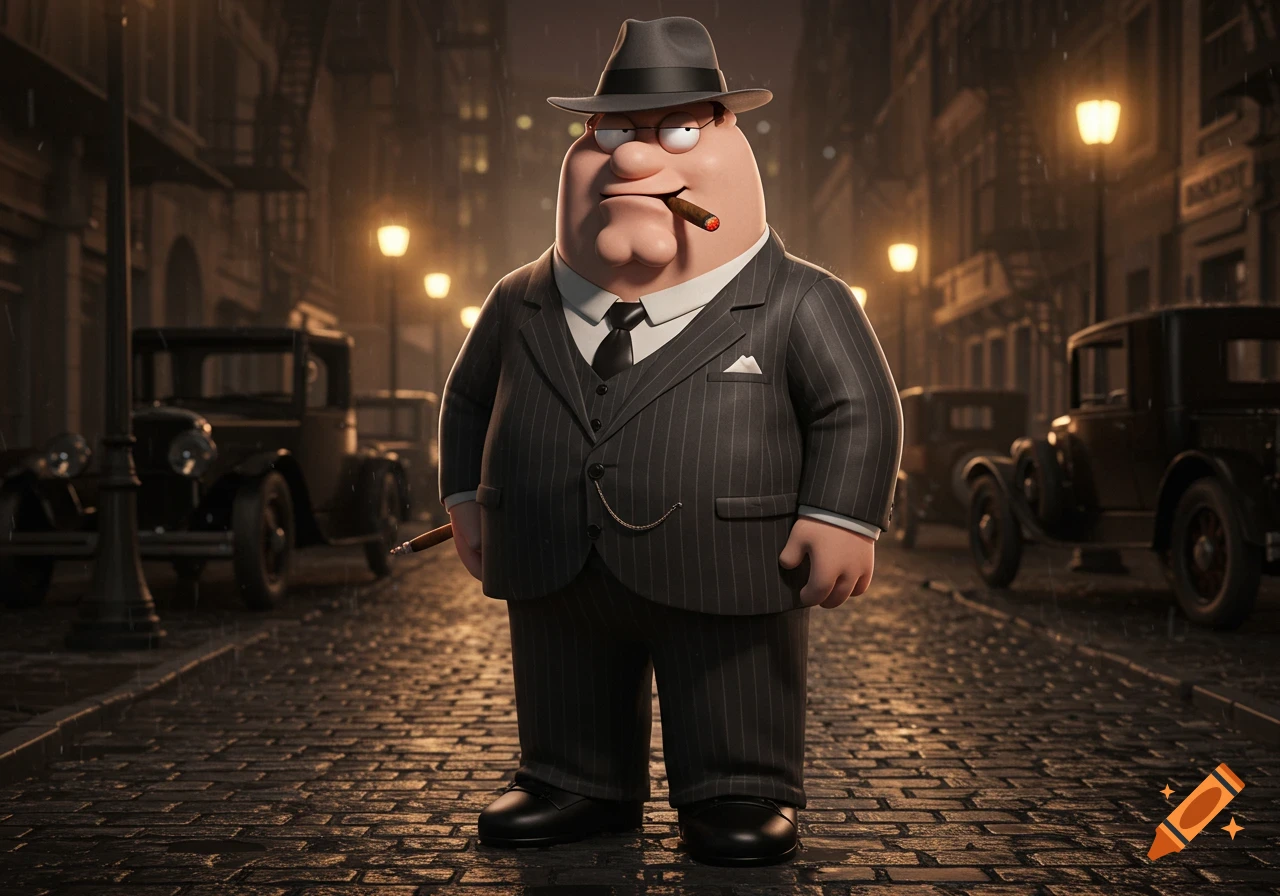3D cartoon Peter Griffin as a gangster, in a pinstripe suit and fedora, smoking a cigar on a wet, dark city street with vintage cars.