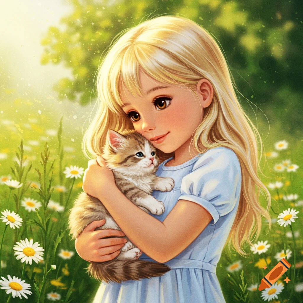 An illustration of a blonde girl with brown eyes gently holding a small tabby kitten in a sunny field of white daisies.