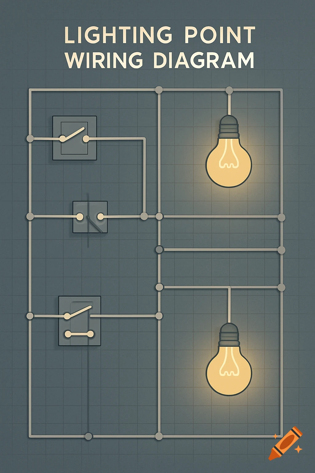A stylized wiring diagram showing light bulbs and switches connected by lines on a grid background.