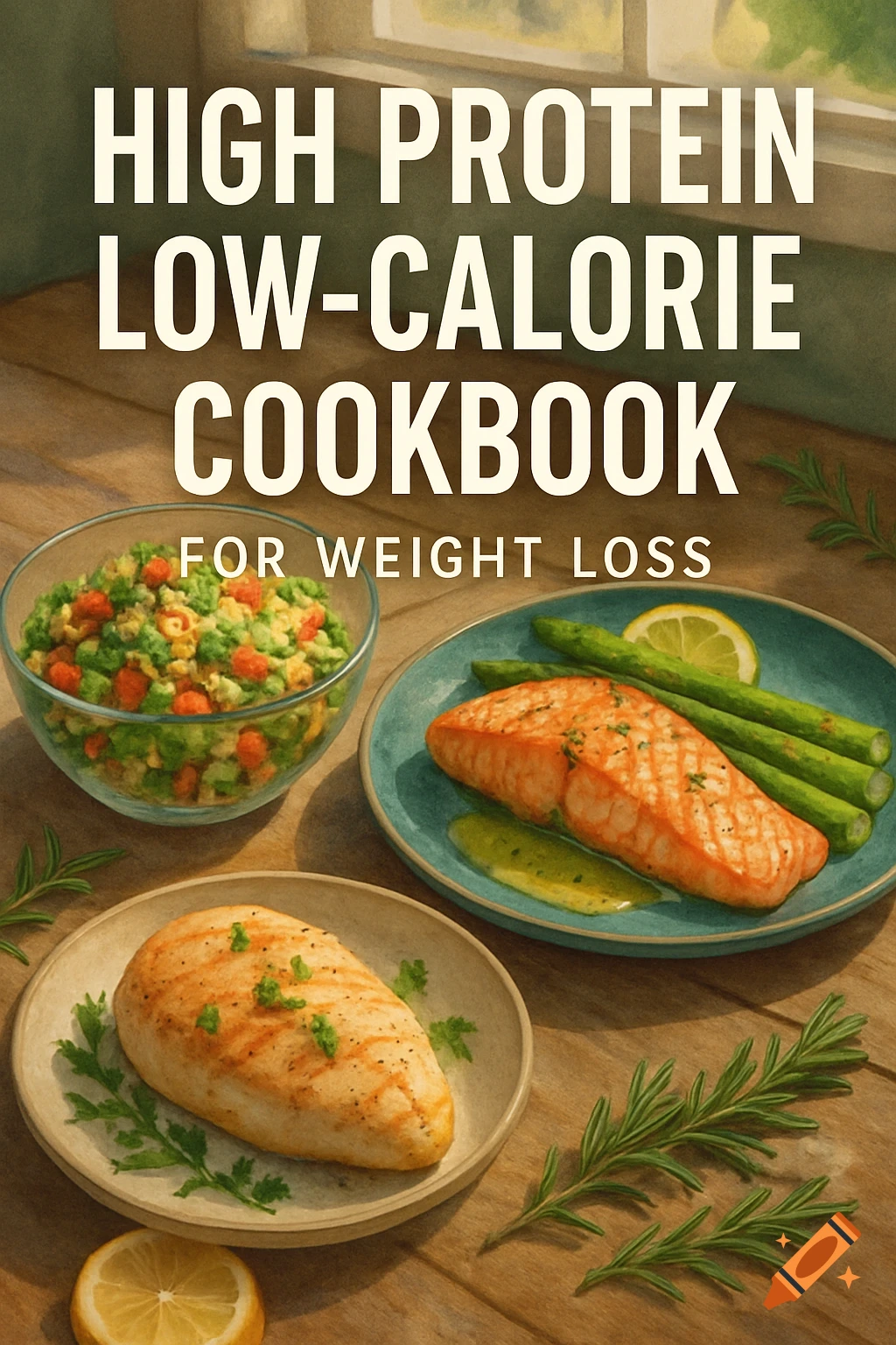 A high-protein, low-calorie cookbook cover featuring salmon, chicken, asparagus, and a salad on a wooden table.