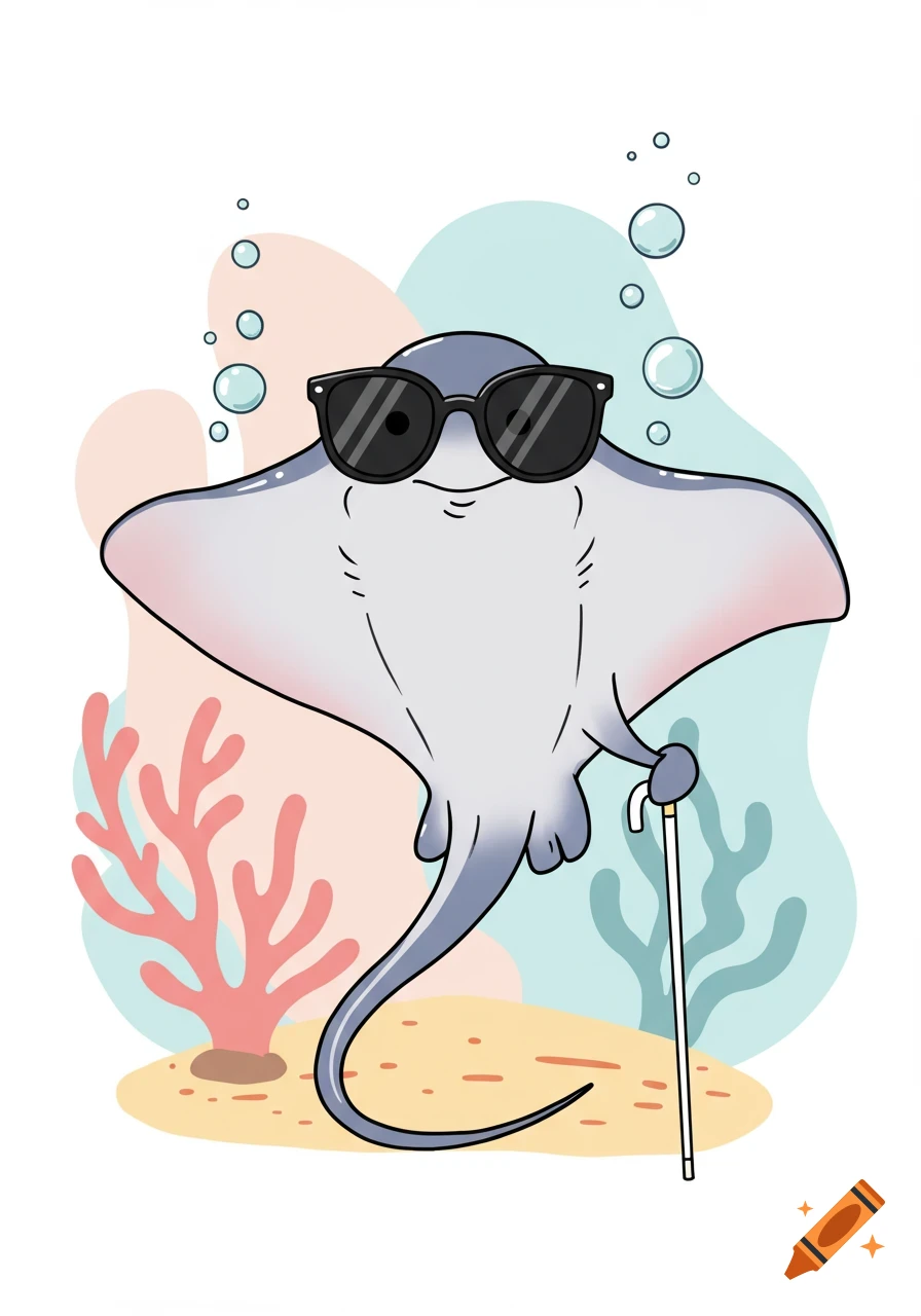 A cute cartoon stingray wearing black sunglasses and holding a white cane, with coral and bubbles in a simple colorful underwater background.