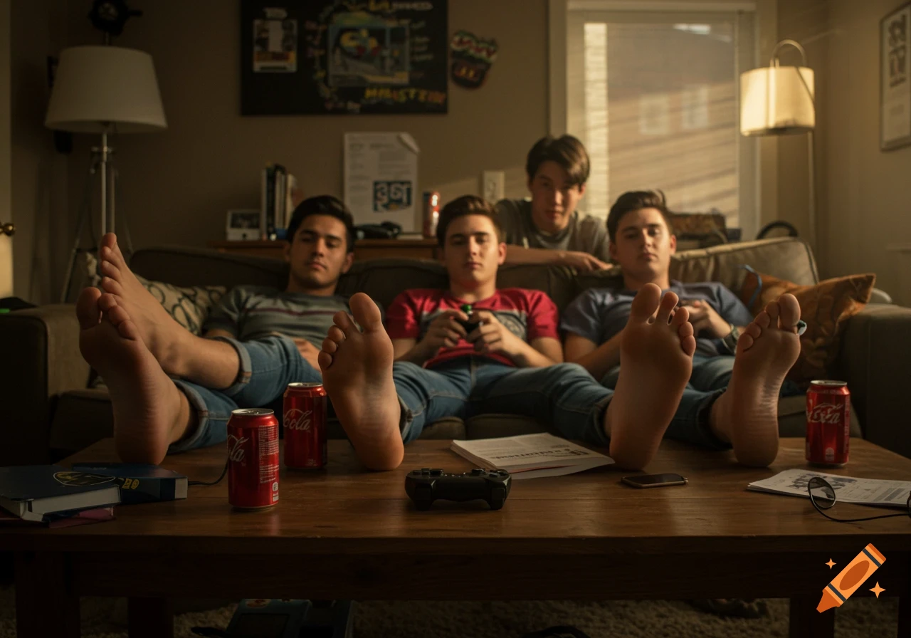 Four young men relax on a couch in a cozy apartment, bare feet on a coffee table with soda cans and a game controller.