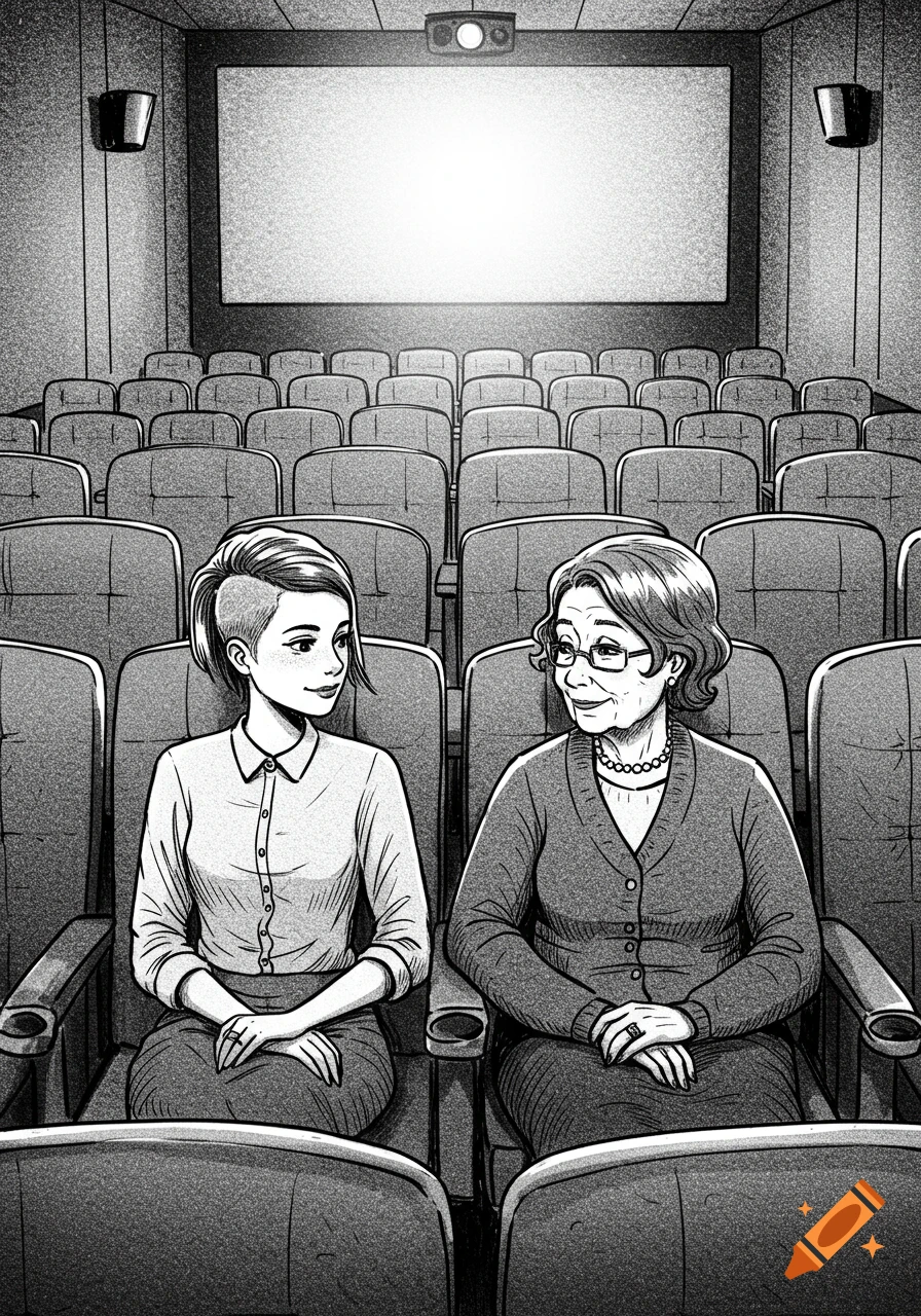 A black and white sketch shows a young woman and an older woman sitting in an empty movie theater, looking at the blank screen.