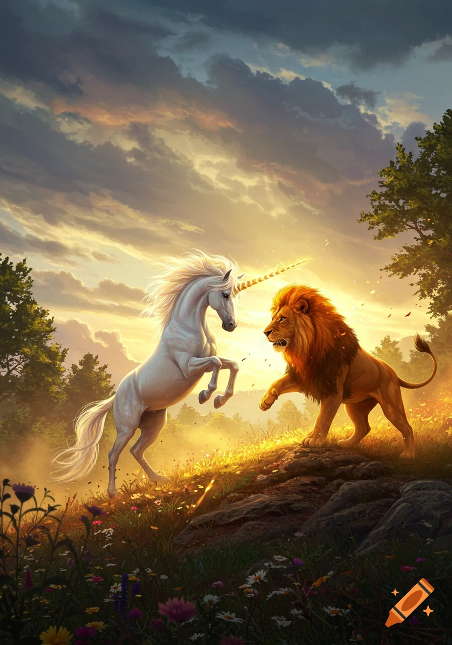 A majestic white unicorn rears up facing a lion on a golden, sunlit hillside under a dramatic sky, digital fantasy art.