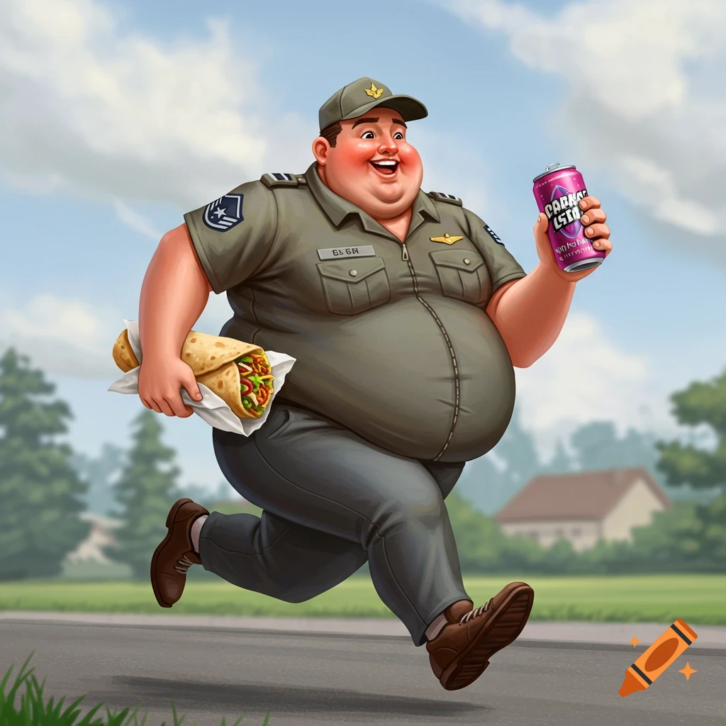A cartoonishly obese man in a military-style uniform runs with a burrito and an energy drink under a cloudy sky.