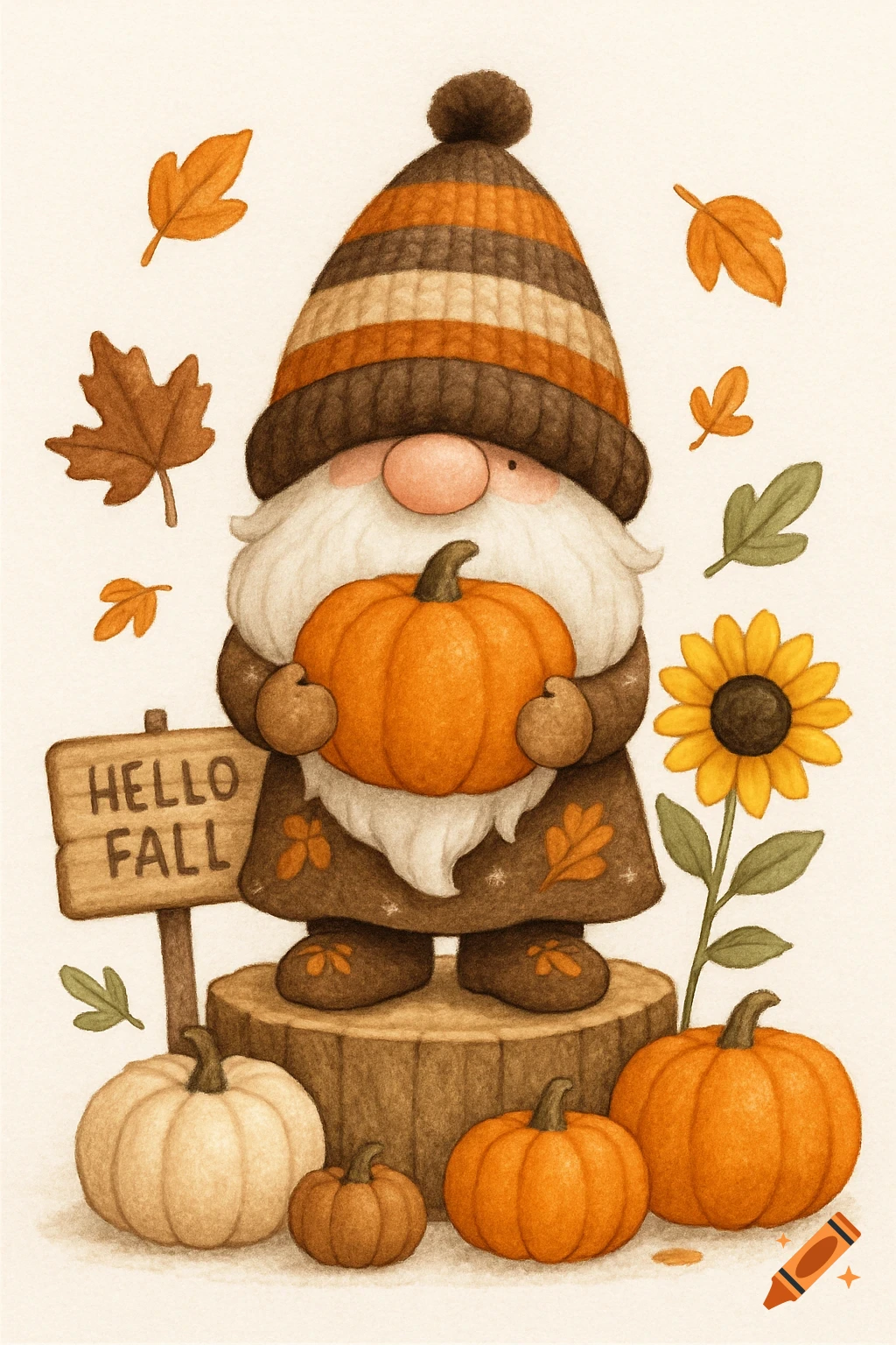 Whimsical autumn illustration of a gnome holding a pumpkin, surrounded by leaves, sunflowers, and other pumpkins, with a 'HELLO FALL' sign.