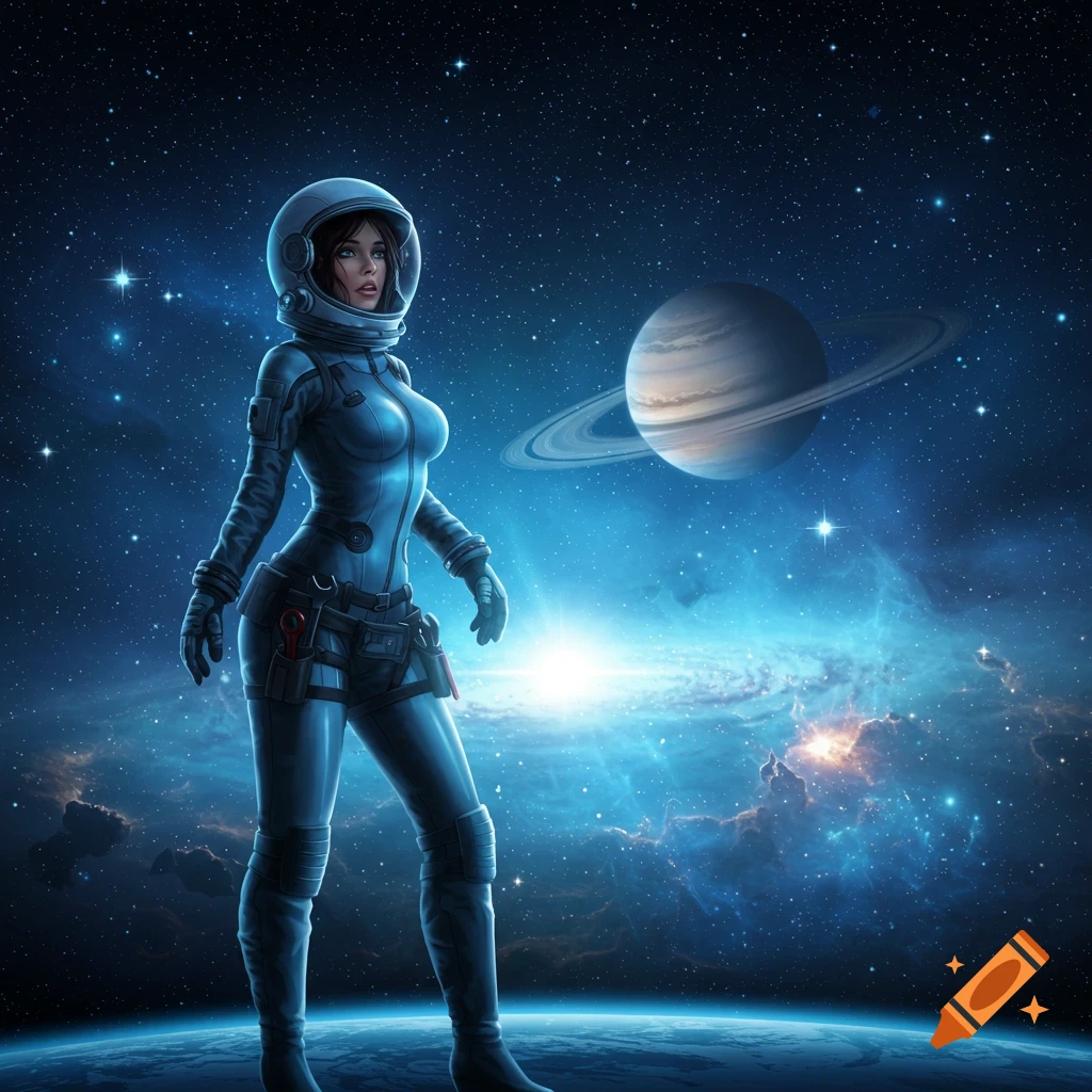 A female astronaut stands on a planet looking up, with Saturn and a nebula in the cosmic background. Digital art.