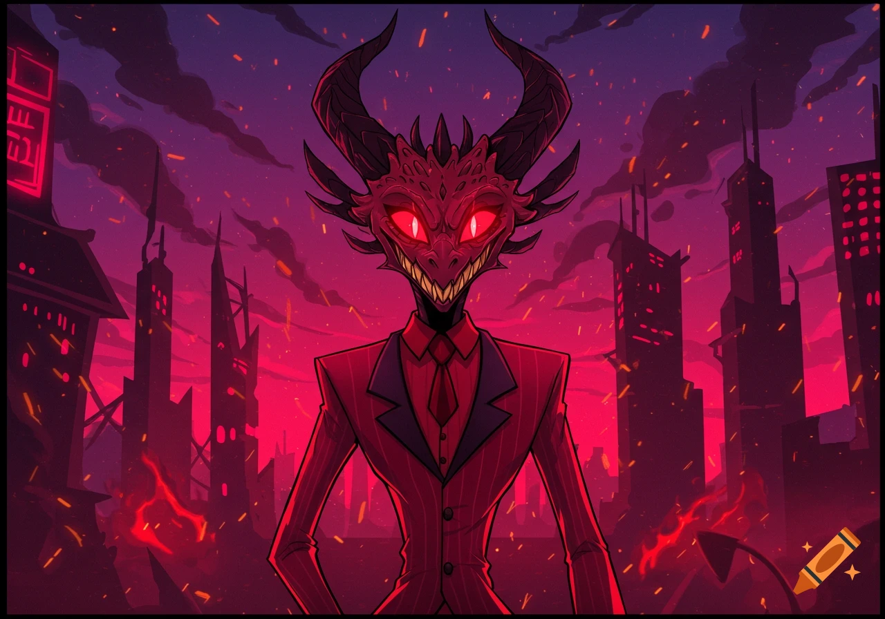A red dragon-headed demon in a pinstripe suit stands in a fiery, dark city at dusk, in Hazbin Hotel style.