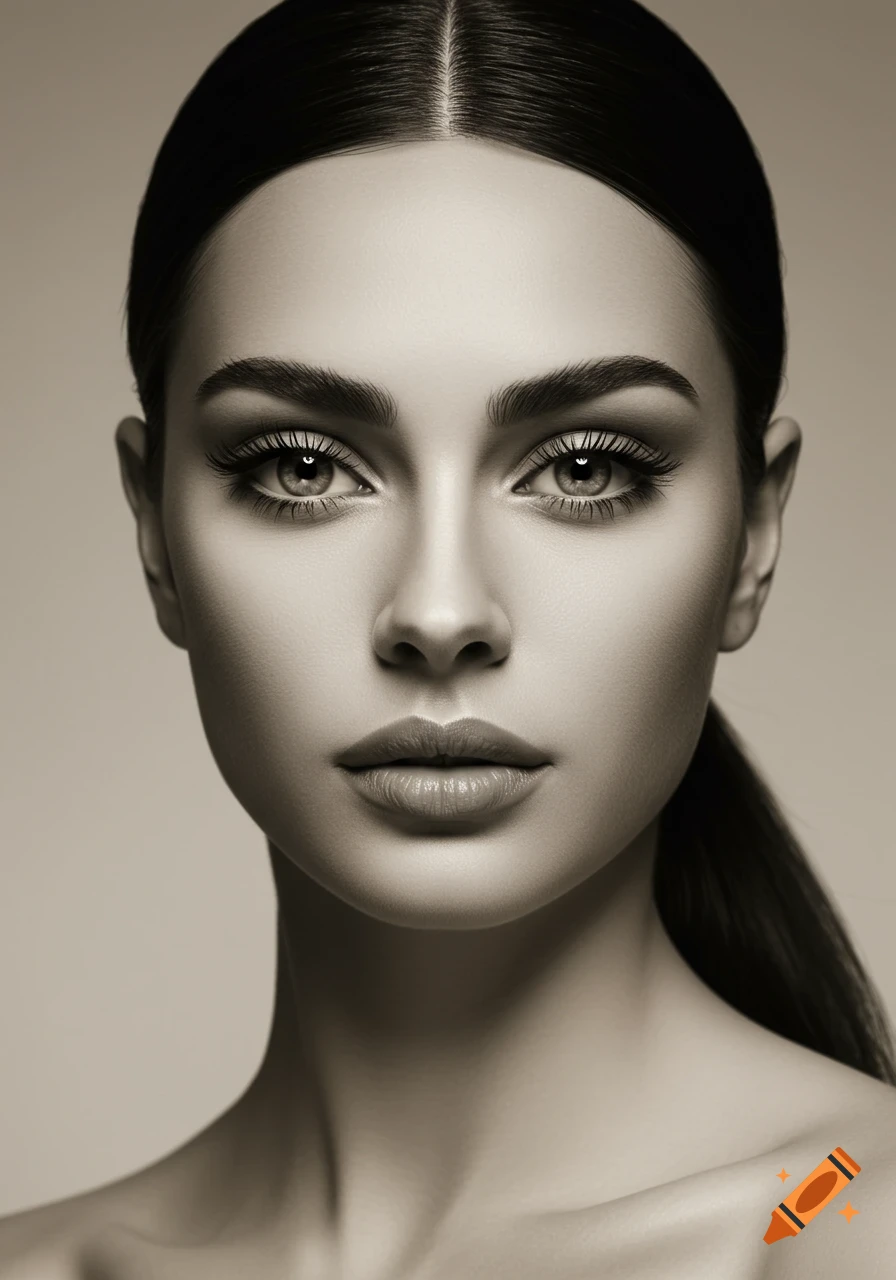 Photorealistic portrait of a beautiful woman with dark hair in a ponytail, striking eyes, and full lips, rendered in sepia tones.