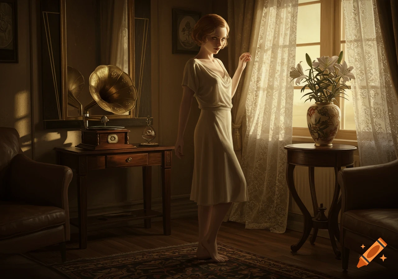 A young woman in a 1930s-style dress stands barefoot in a vintage room with a gramophone and sunlit lace curtains.