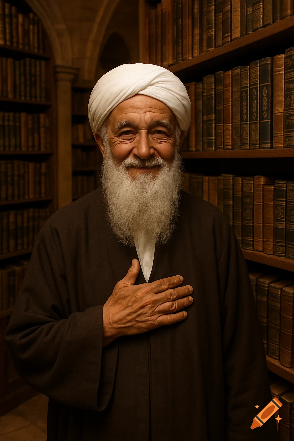 Photorealistic portrait of a smiling elderly man with a long white beard and white turban, wearing a dark brown robe, standing in an old library with his hand on his chest.