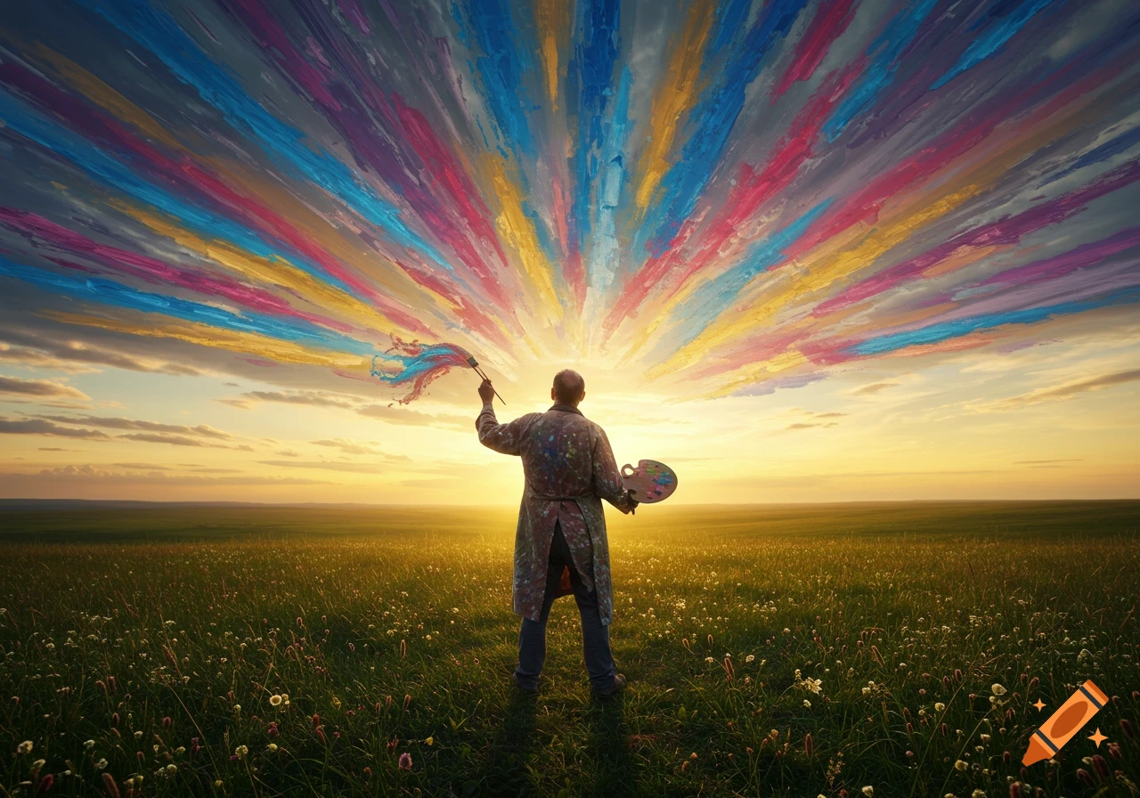 A painter in a field at sunset, seen from behind, paints vibrant colorful strokes across the sky.