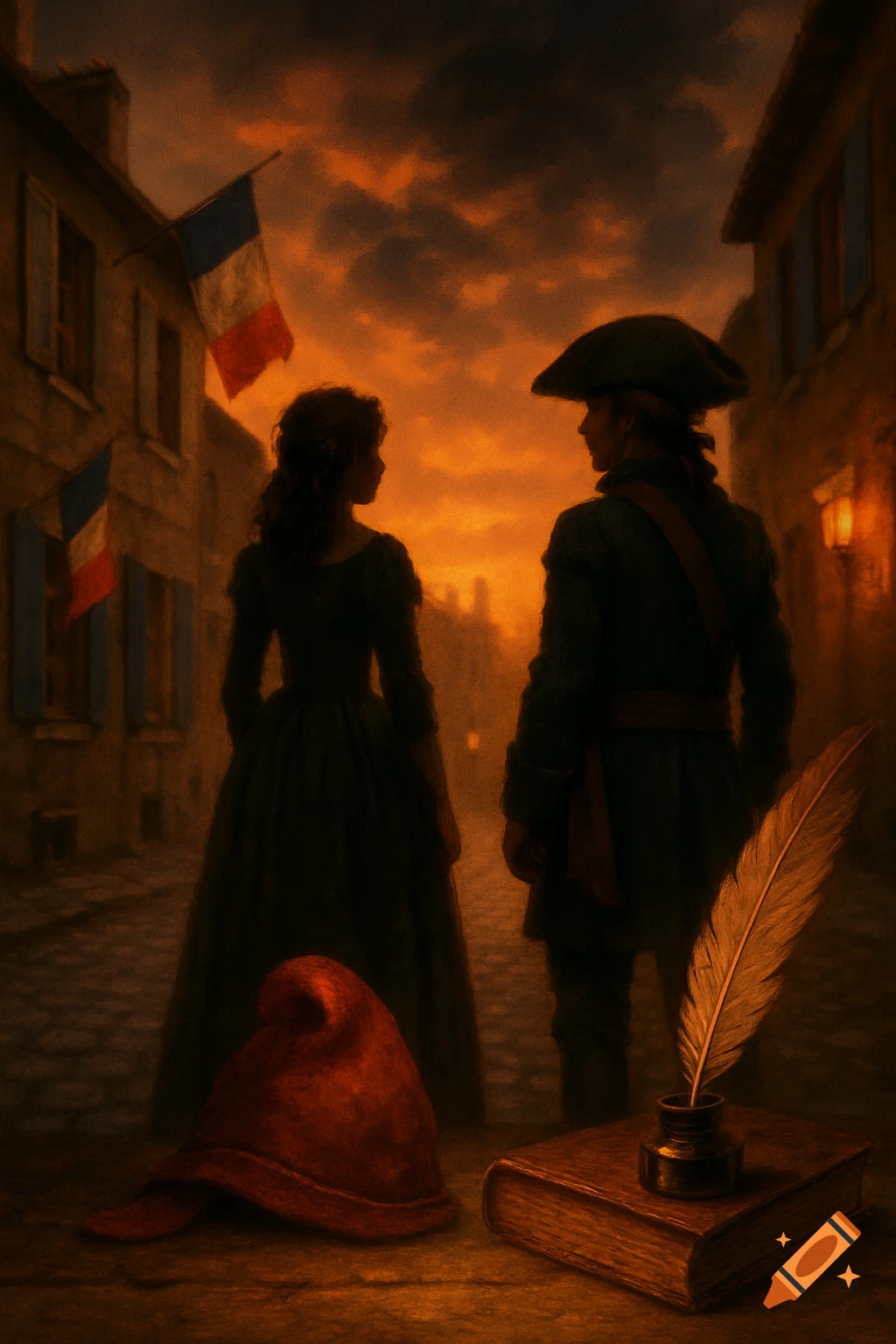 Painterly image of two figures in 18th-century attire in a French street at sunset, with flags, a phrygian cap, book, and quill.